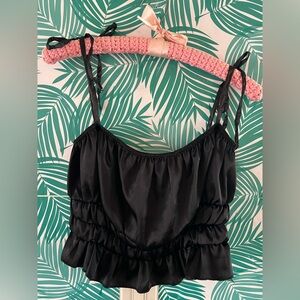 Pretty Little Things black satin smocked crop top straps tie sz 10 w/ ruffle